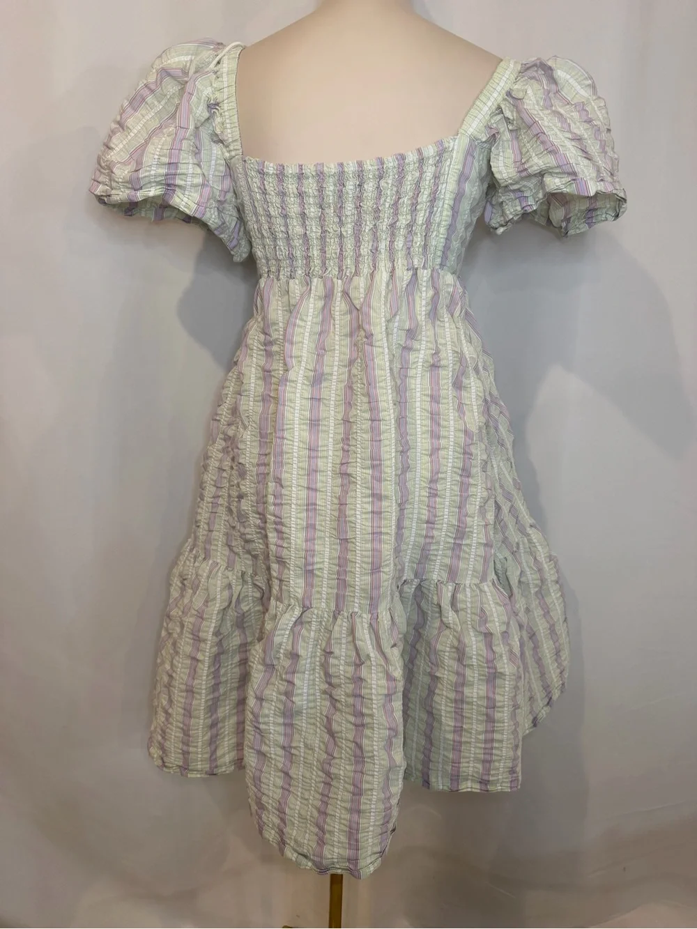 GANNI Pastel Striped Seersucker Midi Dress